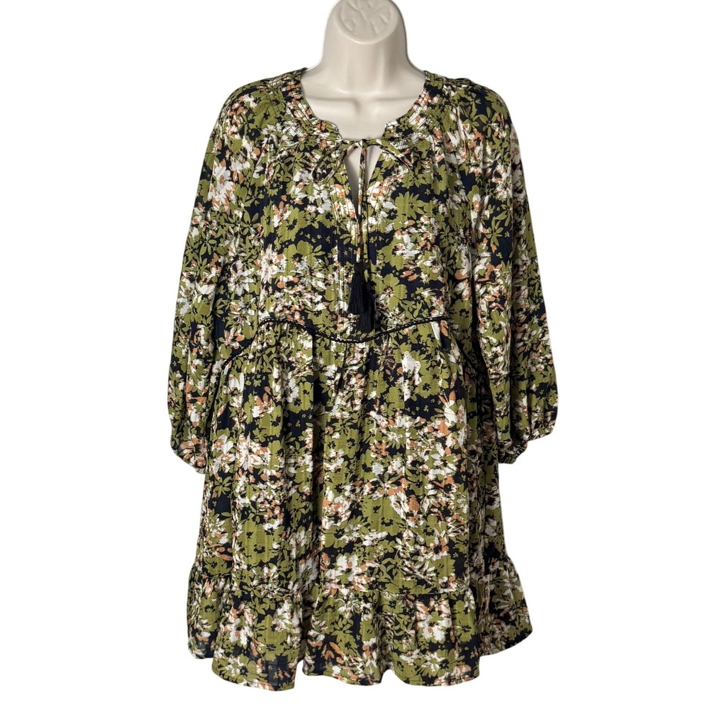 Entro Boho Floral Tassel Tie Babydoll Dress Green Navy Sz M Tiered Mini